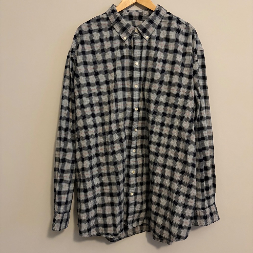 The Foundry Supply Co Mens 3XLT Plaid Button Down Grey Navy Cotton Long Sleeve